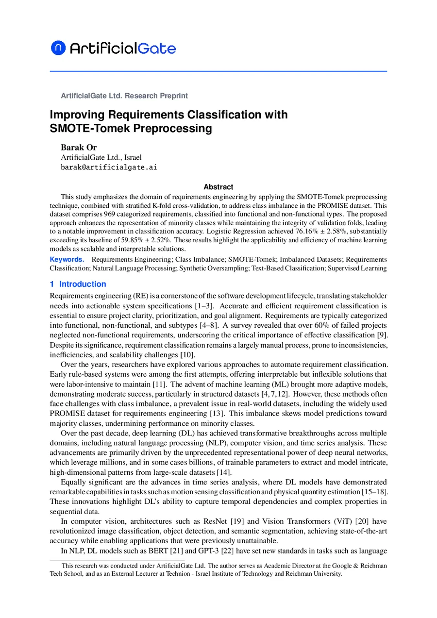 First page preview of Improving Requirements Classification with SMOTE-Tomek Preprocessing