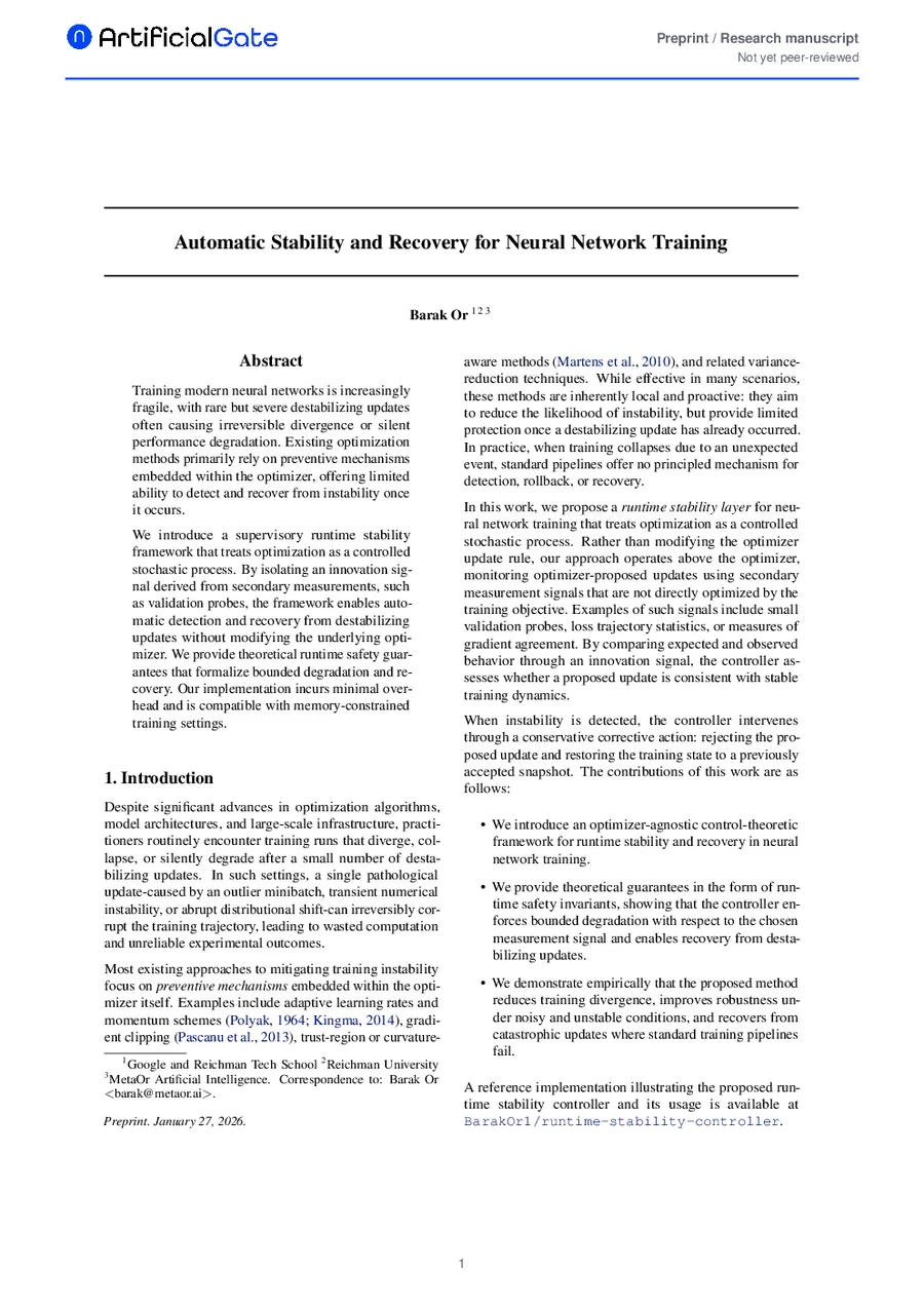 First page preview of Automatic Stability and Recovery for Neural Network Training