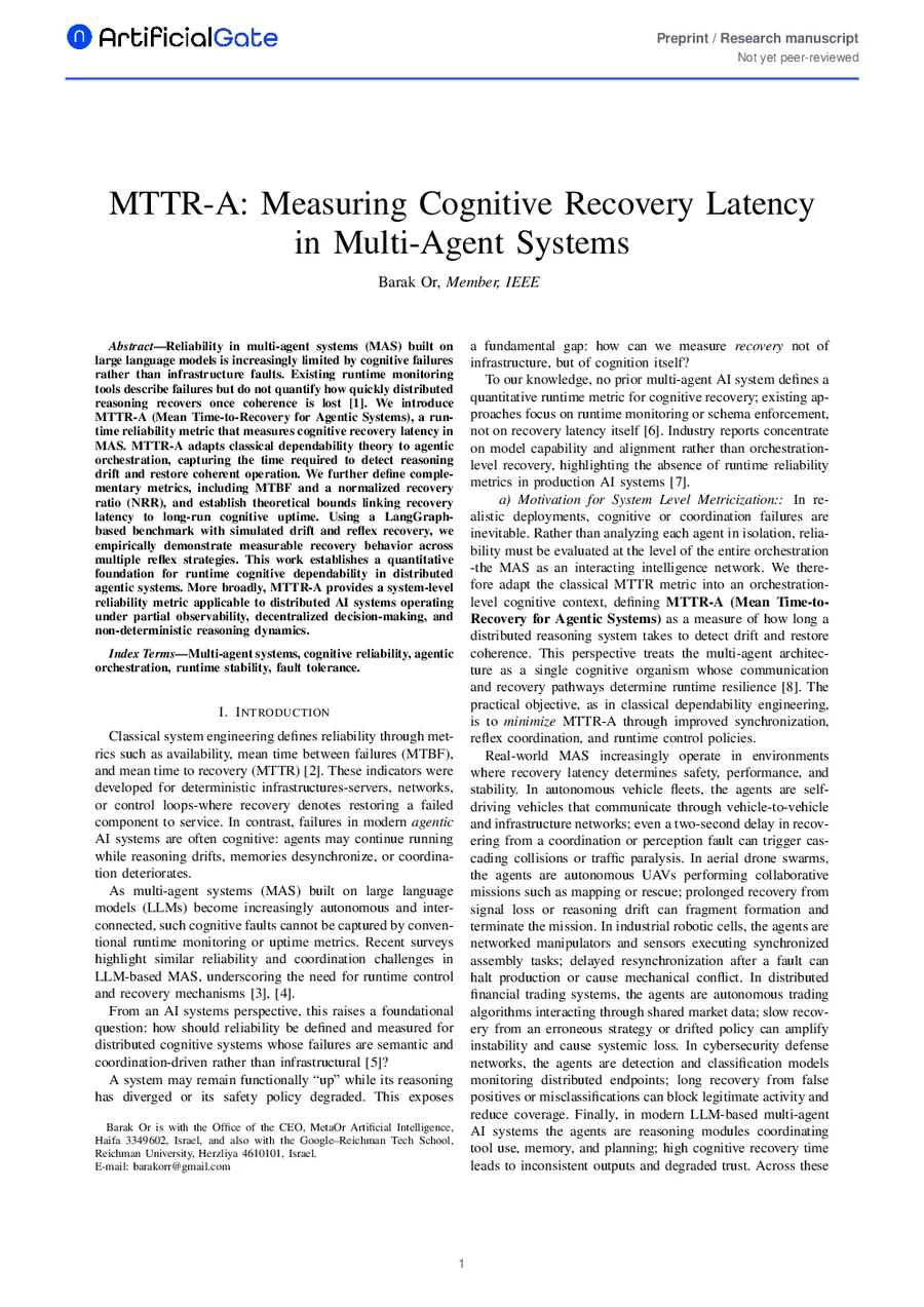 First page preview of MTTR-A: Measuring Cognitive Recovery Latency in Multi-Agent Systems