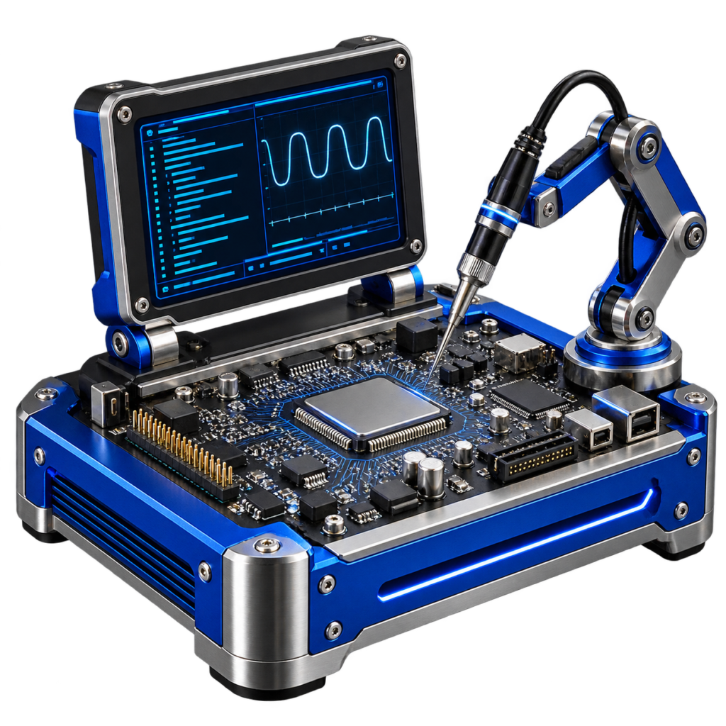 Metallic hardware development board, processor, signal display, and precision probe in ArtificialGate blue, black, and silver.
