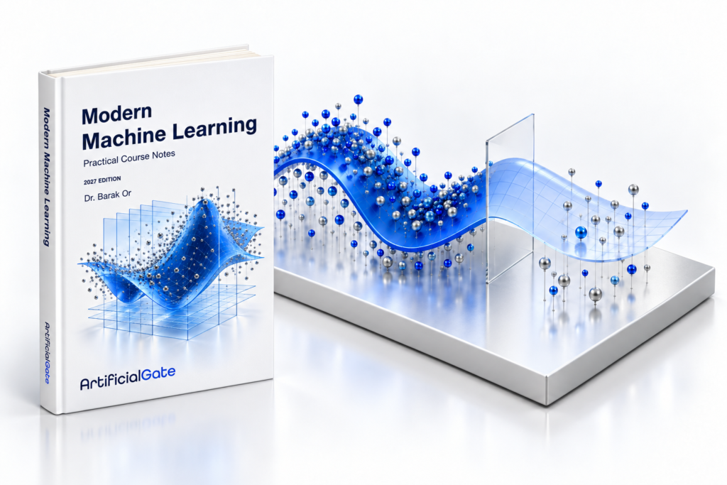 Modern Machine Learning by Dr. Barak Or — standing textbook beside a blue and silver machine-learning sculpture
